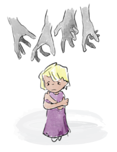 A sad kid as evil hands reach for them